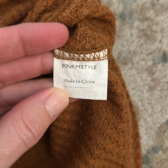 PINKMSTYLE mustard orange V Neck Waffle Long Sleeve Shirt Button Front Size M - Picture 5 of 9